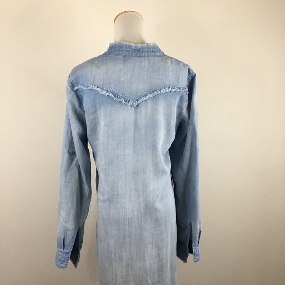 CLOTH & STONE Anthropologie Blue High Low Fringe Hem Chambray Button Shirt Dress - Picture 10 of 16